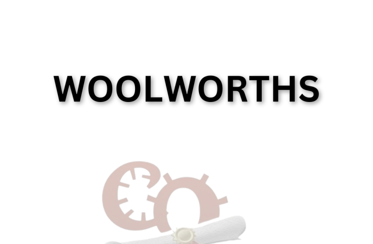 Text "WOOLWORTHS" in bold black letters. Below, a faint graphic of gears and a rolled diploma, with "career opportunities" written underneath.