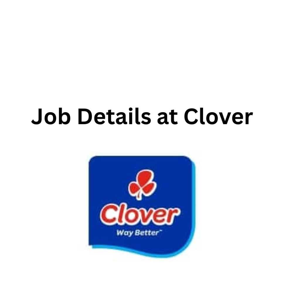 Text reads "Job Details at Clover" above a blue logo with a red clover design and "Clover, Way Better" in white. The tone is informative and corporate.