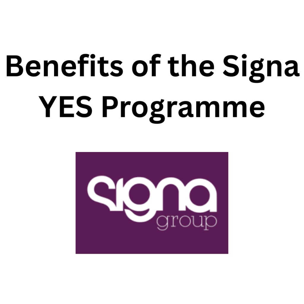Text reads "Benefits of the Signa YES Programme" above a purple logo with "signa group." Simple, professional design.