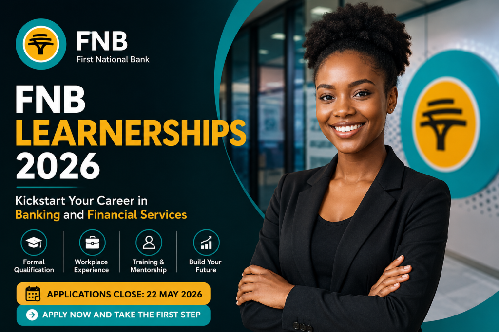 FNB Learnerships 2026 promotional banner with a professional young Black woman and FNB branding in Johannesburg South Africa