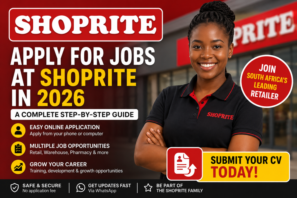 Beautiful woman promoting Shoprite jobs application guide for 2026 in South Africa