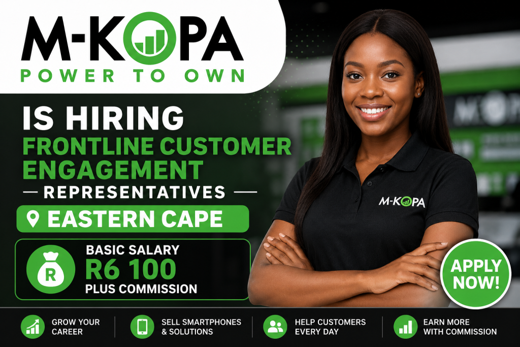 Beautiful M-KOPA sales representative promoting Frontline Customer Engagement Representative jobs in Eastern Cape