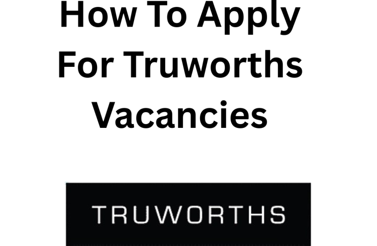 Text: "How to Apply For Truworths Vacancies" in bold black. Below is a black rectangle with "TRUWORTHS" in white. Simple, informative design.