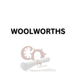 Text "WOOLWORTHS" in bold black letters. Below, a faint graphic of gears and a rolled diploma, with "career opportunities" written underneath.