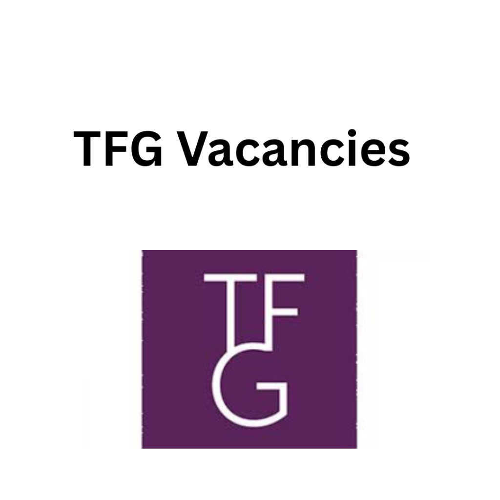 Alt text: "TFG Vacancies text in bold, above a purple square with the white TFG logo. Professional, job-related theme."