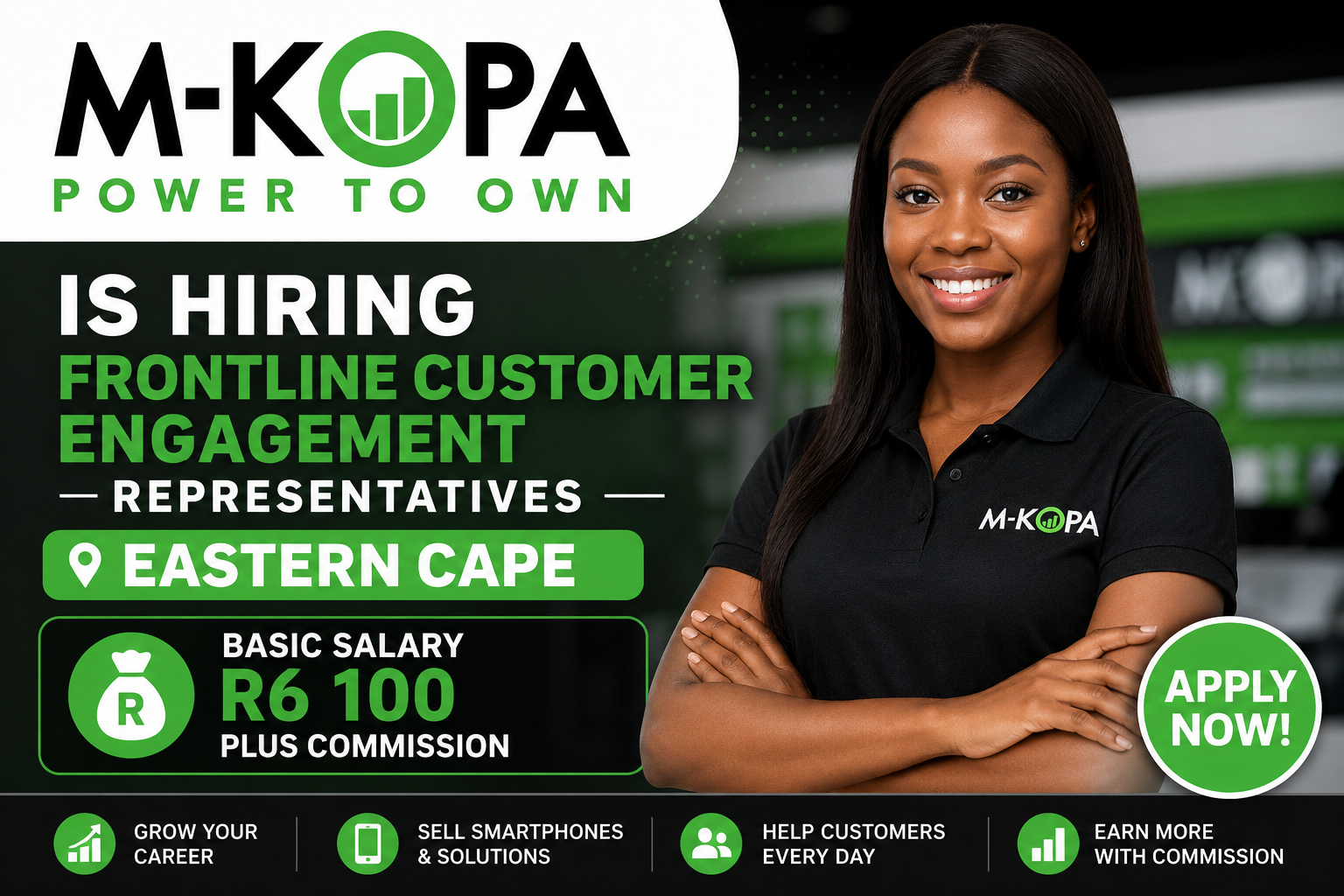Beautiful M-KOPA sales representative promoting Frontline Customer Engagement Representative jobs in Eastern Cape