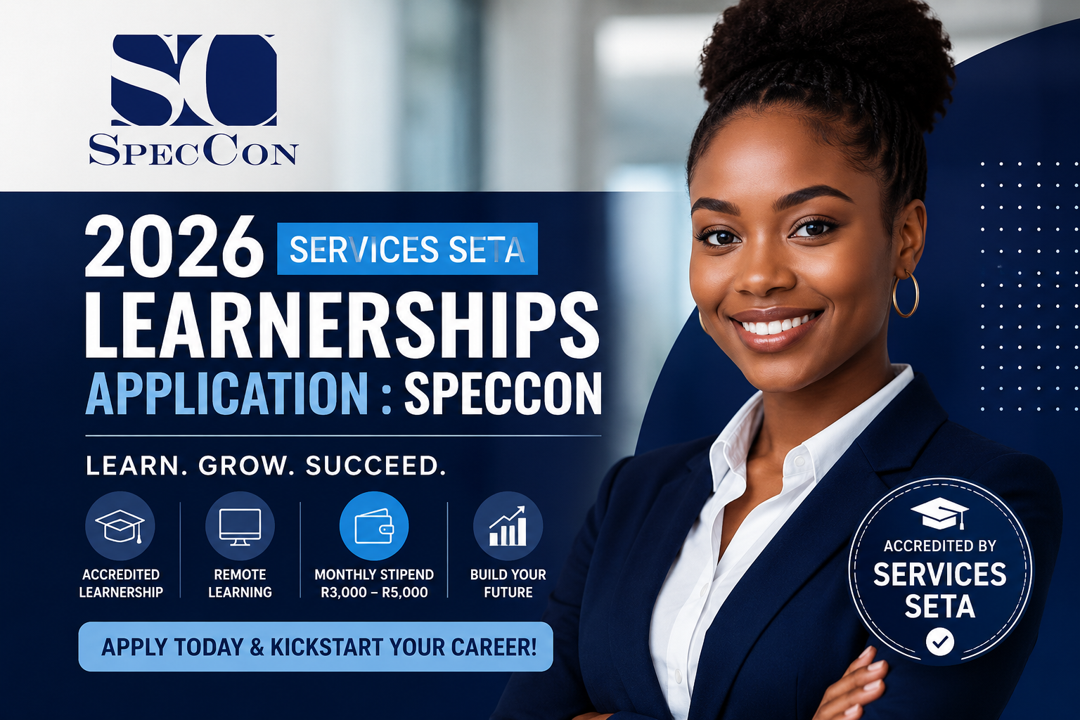 Beautiful professional African woman promoting the 2026 Services SETA Business Administration Learnership at SpecCon South Africa