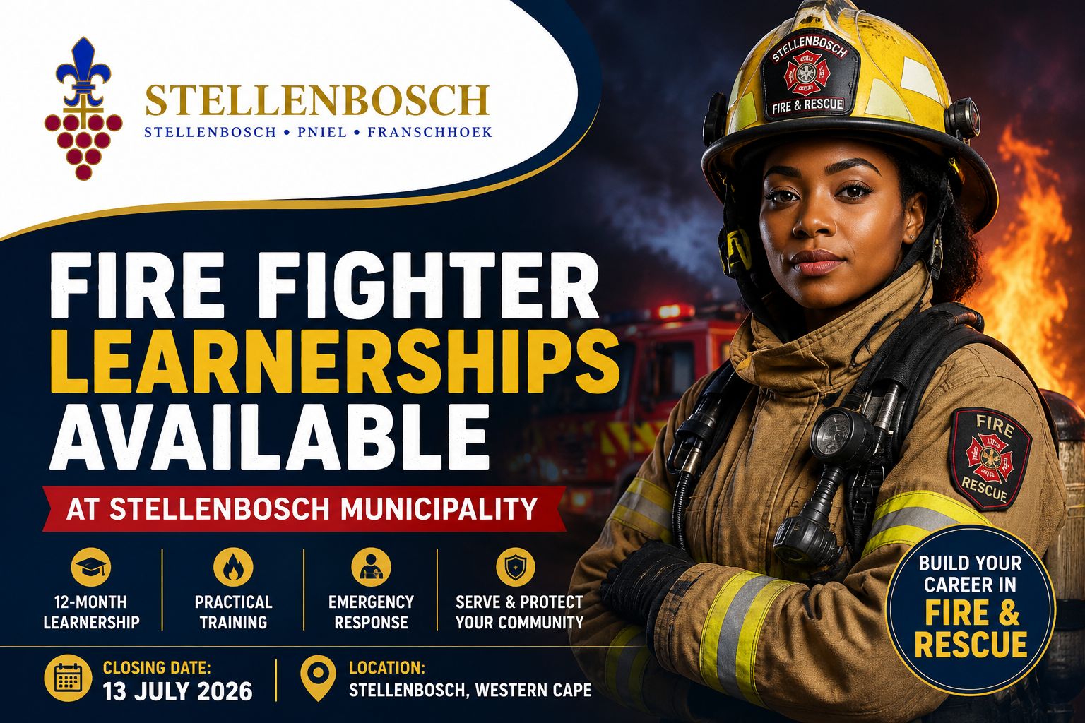 Fire Fighter Learnerships Available at Stellenbosch Municipality for the 2026 intake in the Western Cape.